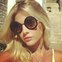 Vintage Diamond Round Sunglasses Women Luxury Brand Gradient Lens Rhinestone Circle Shade Metal Exquisite Sun Glasses For Female