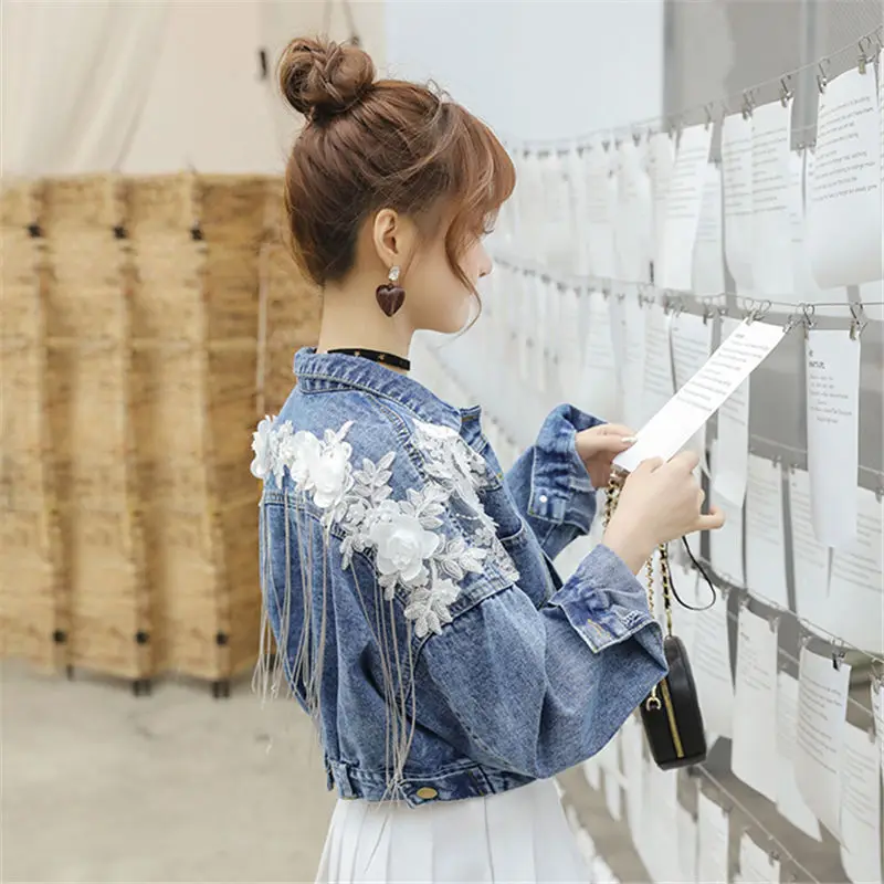 Bling Women Denim Jacket 2025 Autumn Full Sleeve Loose Button Pearl Short Lapel Wild Leisure Appliques Tassel Female Veste Femme