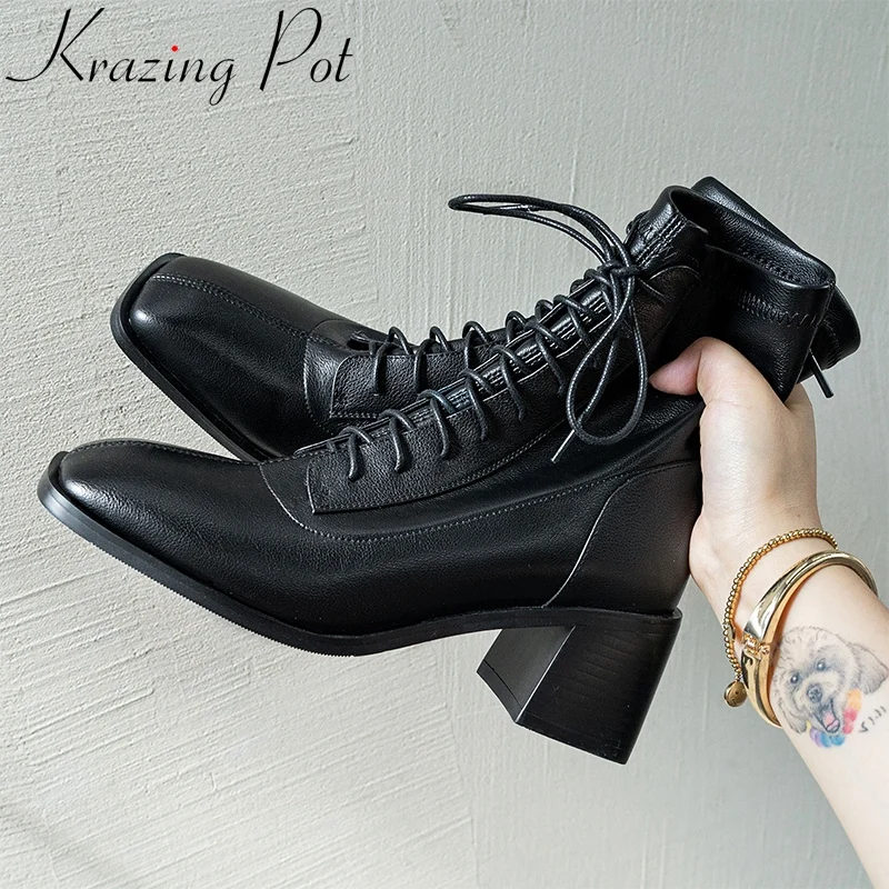 Krazing Pot Big Size scarpe invernali da cucire di alta qualità tacchi alti stivali elasticizzati moda calda stivaletti da donna concisi con lacci