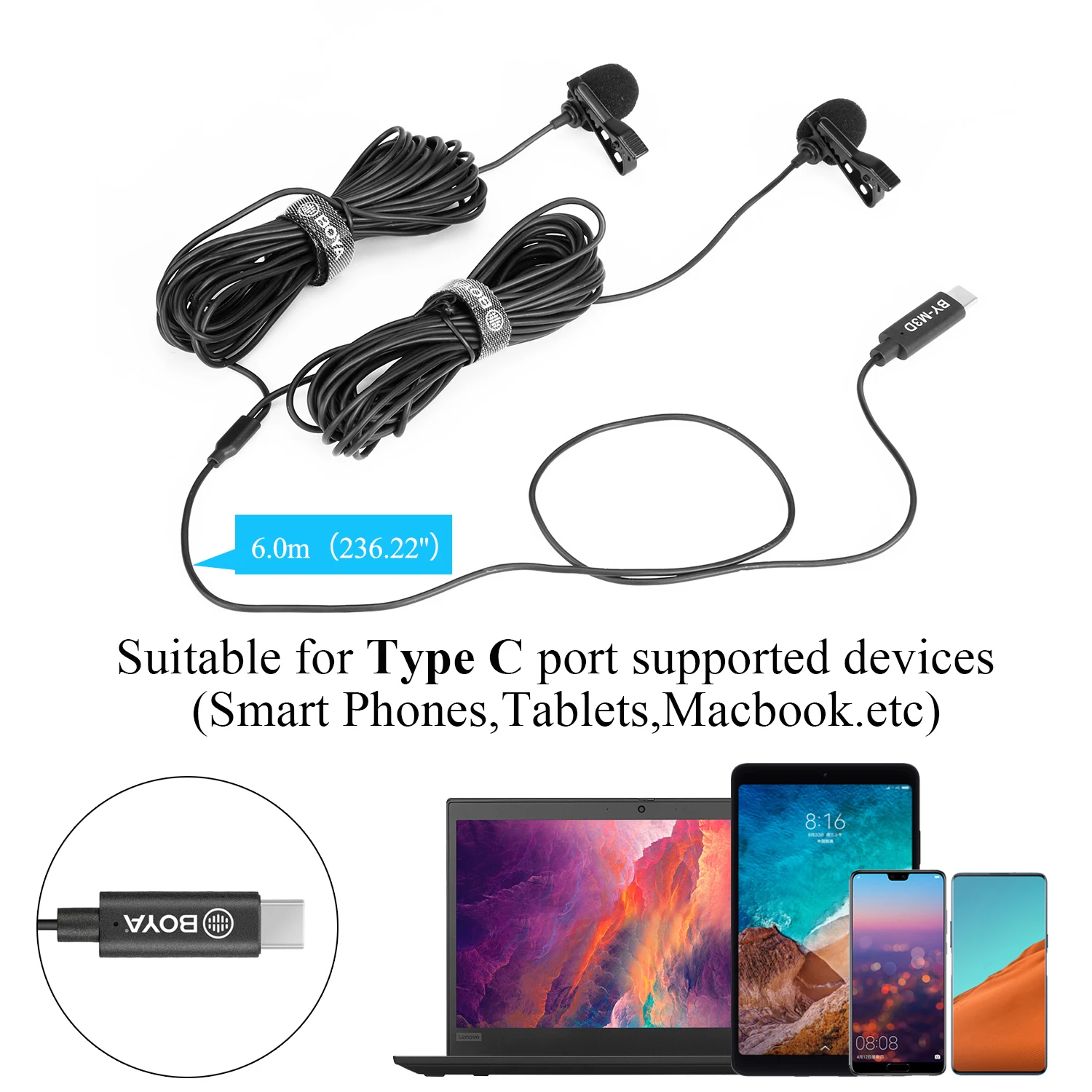 BOYA BY-M3D Mikrofon Dual Head Lavalier Lapel Condensador Microfone Mic dengan 6 Meter Kabel Kompatibel dengan Antarmuka Tipe-c