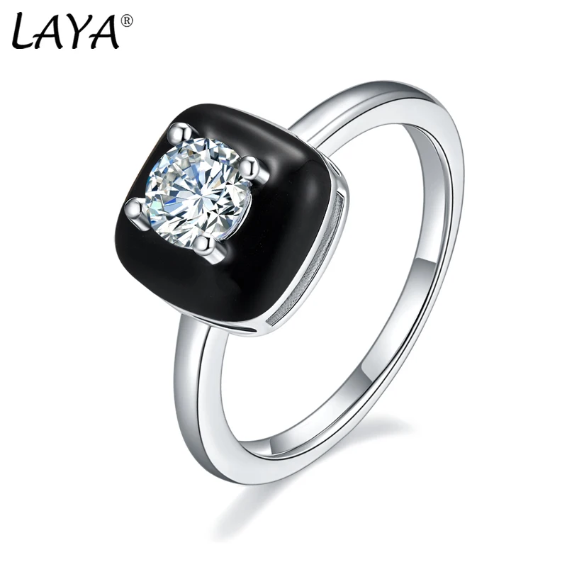 

Laya Silver Ring For Women Pure 925 Sterling Silver Retro Style High Quality Zircon White Black Enamel Fine Jewelry 2021 Trend