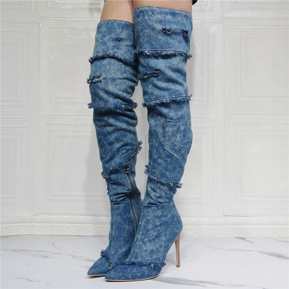 Kolnoo Handmade Cổ Điển Giày Cao Gót Quá Đầu Gối Giày Denim Miếng Dán Cường Lực Da Tối Đùi-Giày Cao Gợi Cảm Thời Trang Mới giày