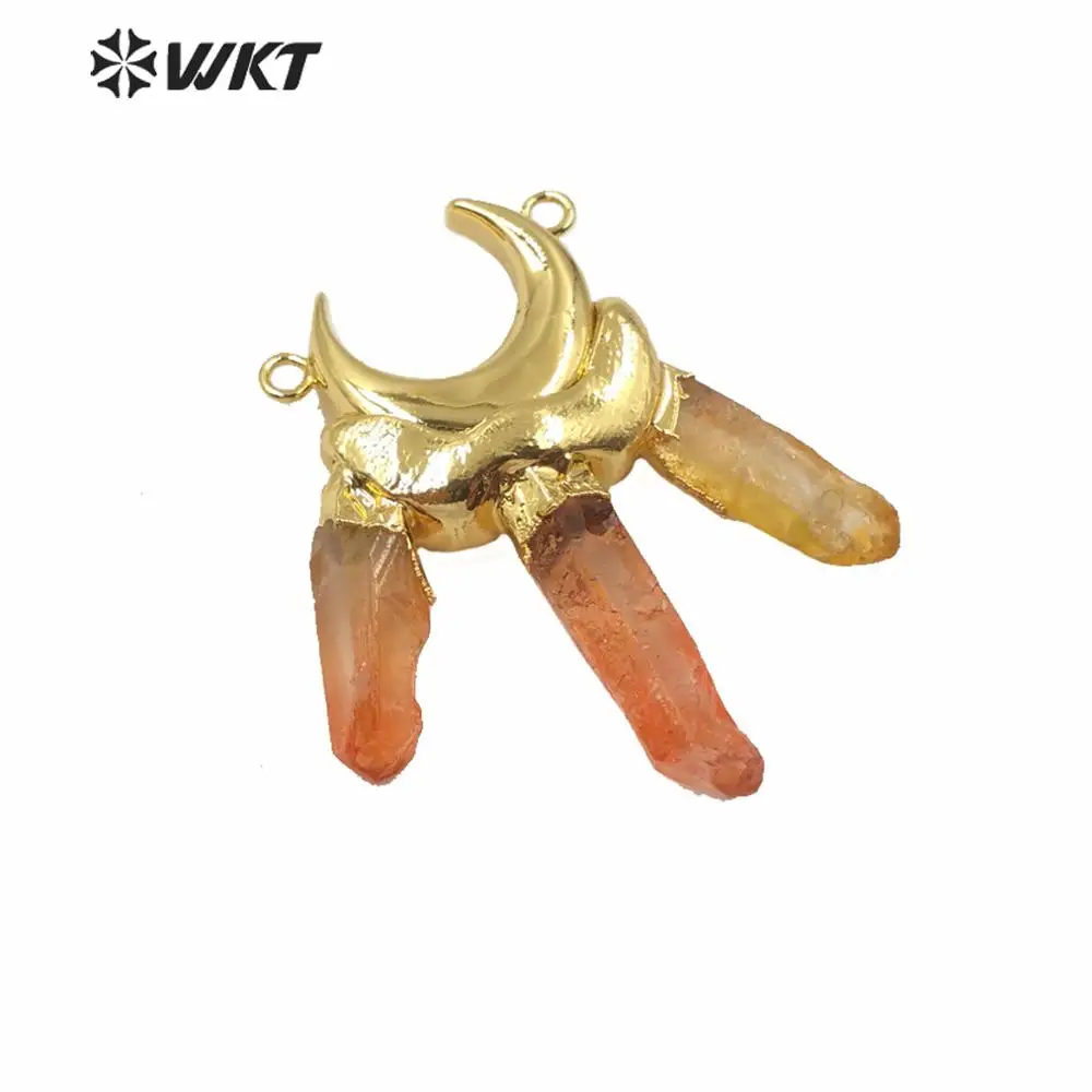 WT-P1553 WKT New Design Triple Piece Aura Quartz Point Statement Pendant Unique Double Loops Crescent Horn Women Jewelry Finding