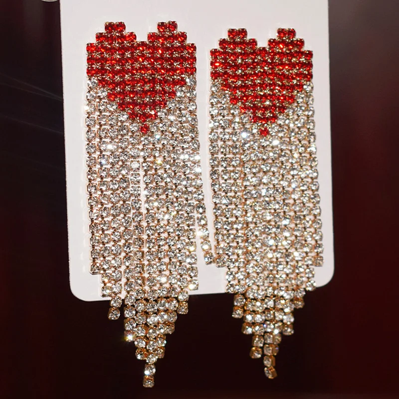 BLIJERY Vintage Red Rhinestones Heart Long Drop Earrings for Women Crystal Big Dangle Statement Earrings Wedding Party Jewelry