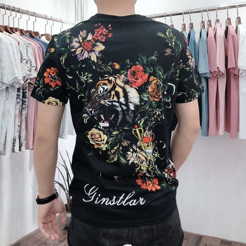 Printing Streetwear Flowers Short Sleeve T Shirt Men Summer O Neck Pullover Black Tees Tops Fashion Slim Casual Mens T Shirts