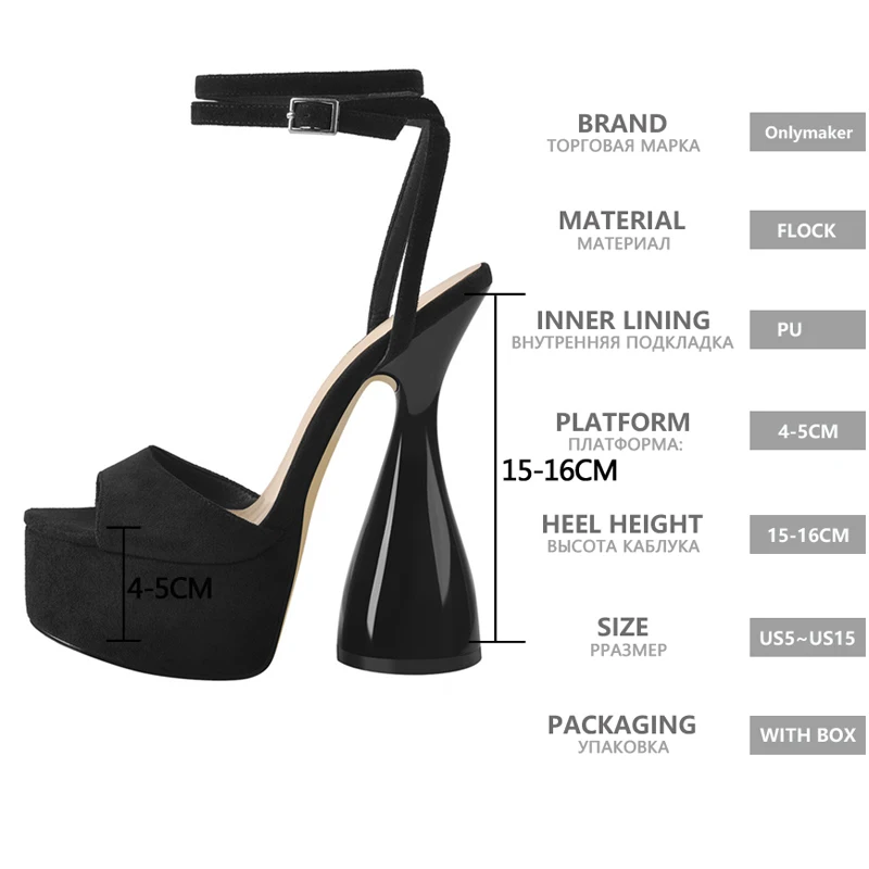 Onlymaker Women Peep Toe Sandals Black Flock Platform Ankle Strap High Heel Shoes Female Big Size Party Dress Sexy Sandals