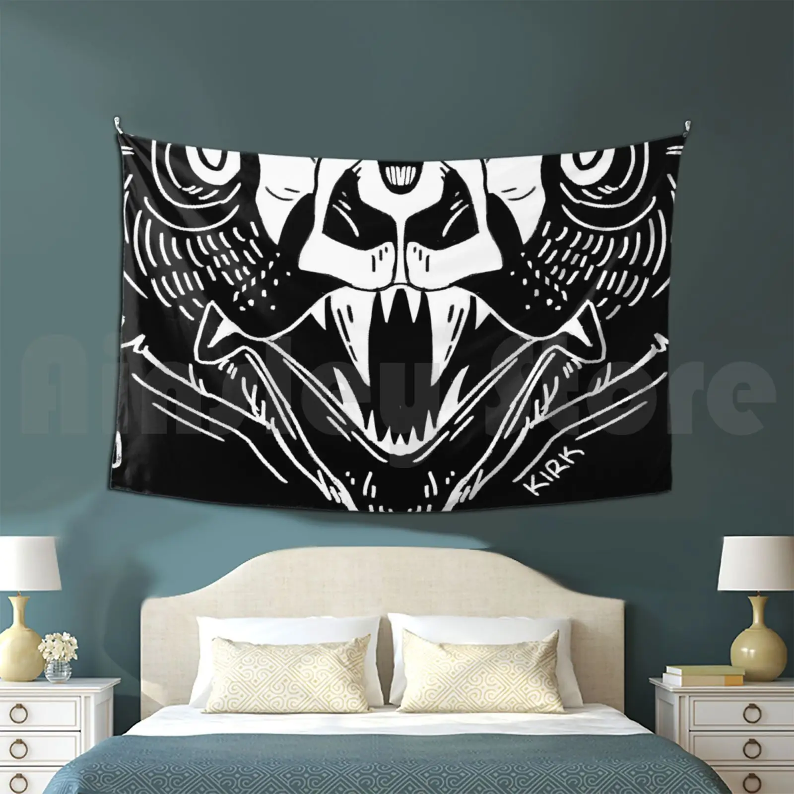 Bat Face-Black Tapestry Living Room Bedroom Bat Spooky Halloween Scary Macabre Witch Ouija Tarot