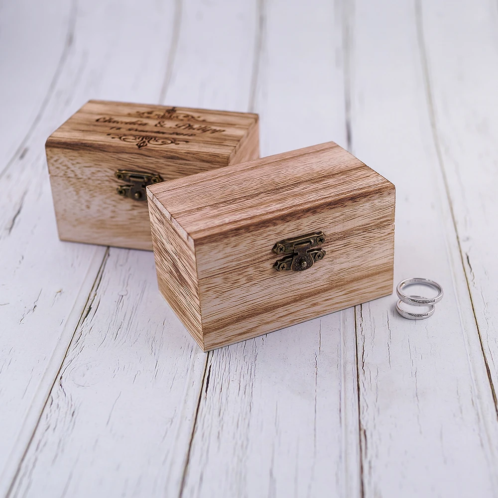 Caja de madera personalizada para anillos de boda, soporte personalizado para guardar anillos de boda con nombre y fecha