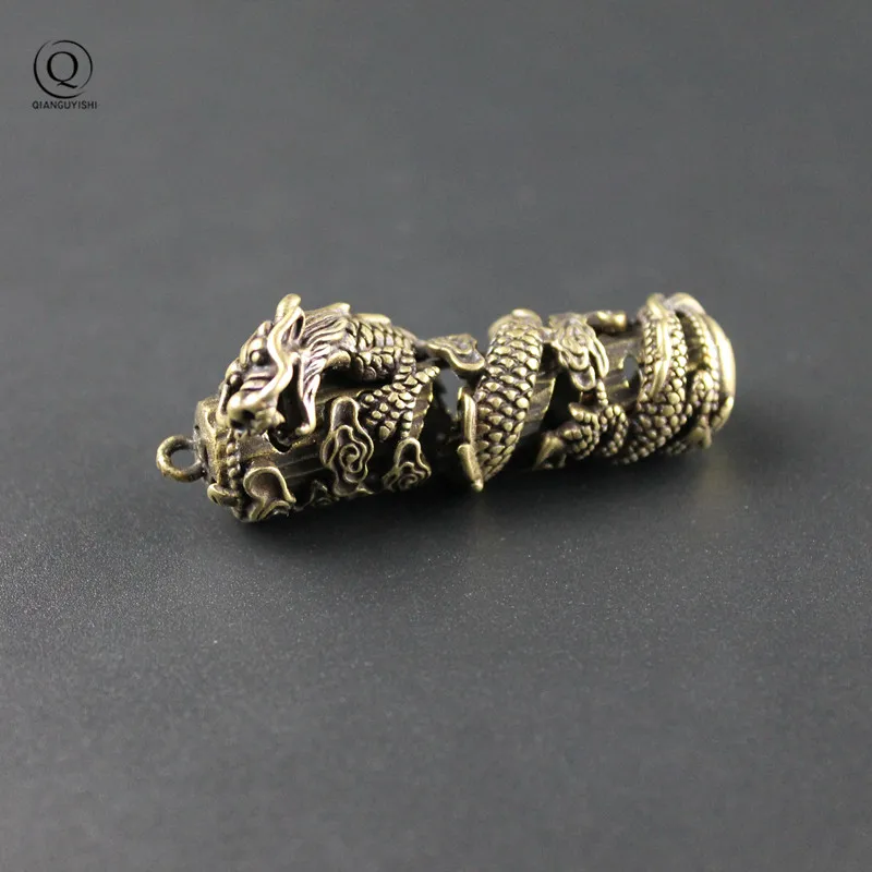Pure Brass Cylindrical Huabiao Dragon Hollow Out Dragon Keychain Retro Copper  Hanging Car Key Chain Waist Pendant Ornament Jew