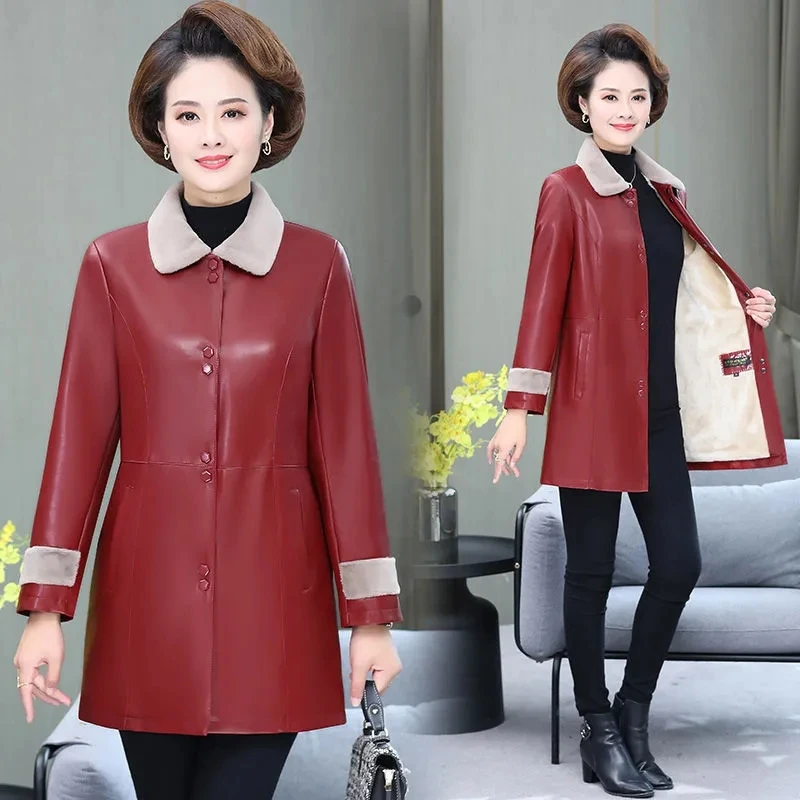 Middle-Aged Mother New Autumn Winter Mid-length Female Leather Trench Coat  Add  Velvet Thicken Loose Women's Leather Jacket 5XL