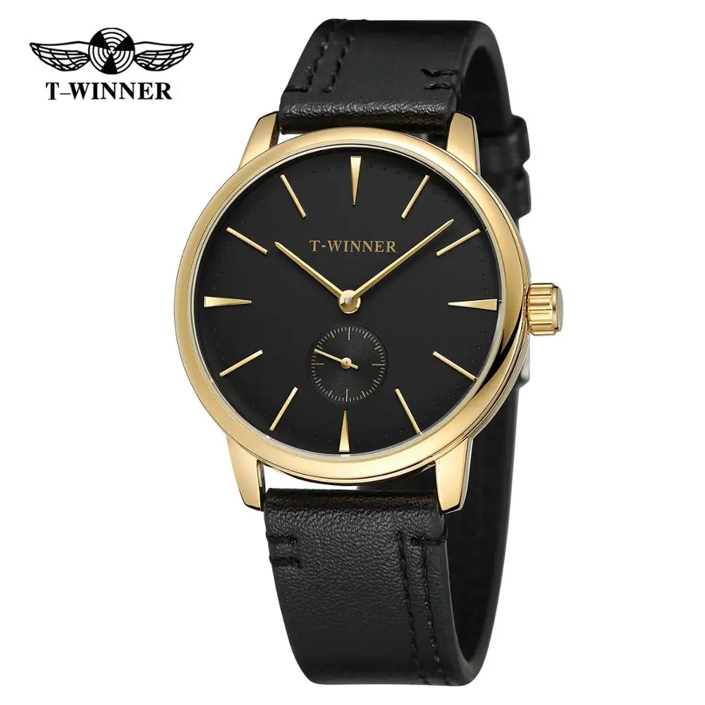 T-WINNER Fashion simple casual men\'s and women\'s watches black dial gold case black leather strap automatic mechanical watch