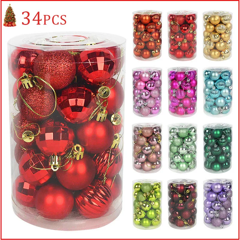 34pcs 40mm Christmas Balls Christmas Tree Hanging Decor Glitter Balls Bauble For New Year 2021 Xmas Party Home Ornaments Navidad