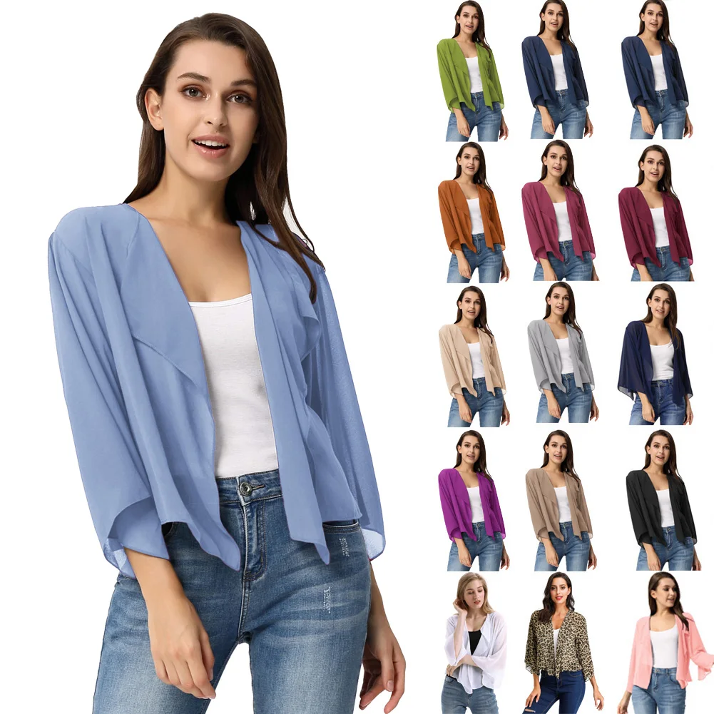 Frauen Jacke Tops Sommer Leichte Langarm Vorne Offen Sehen-Durch Chiffon Shrug Lässige Mode Bolero Weibliche Damen Neue