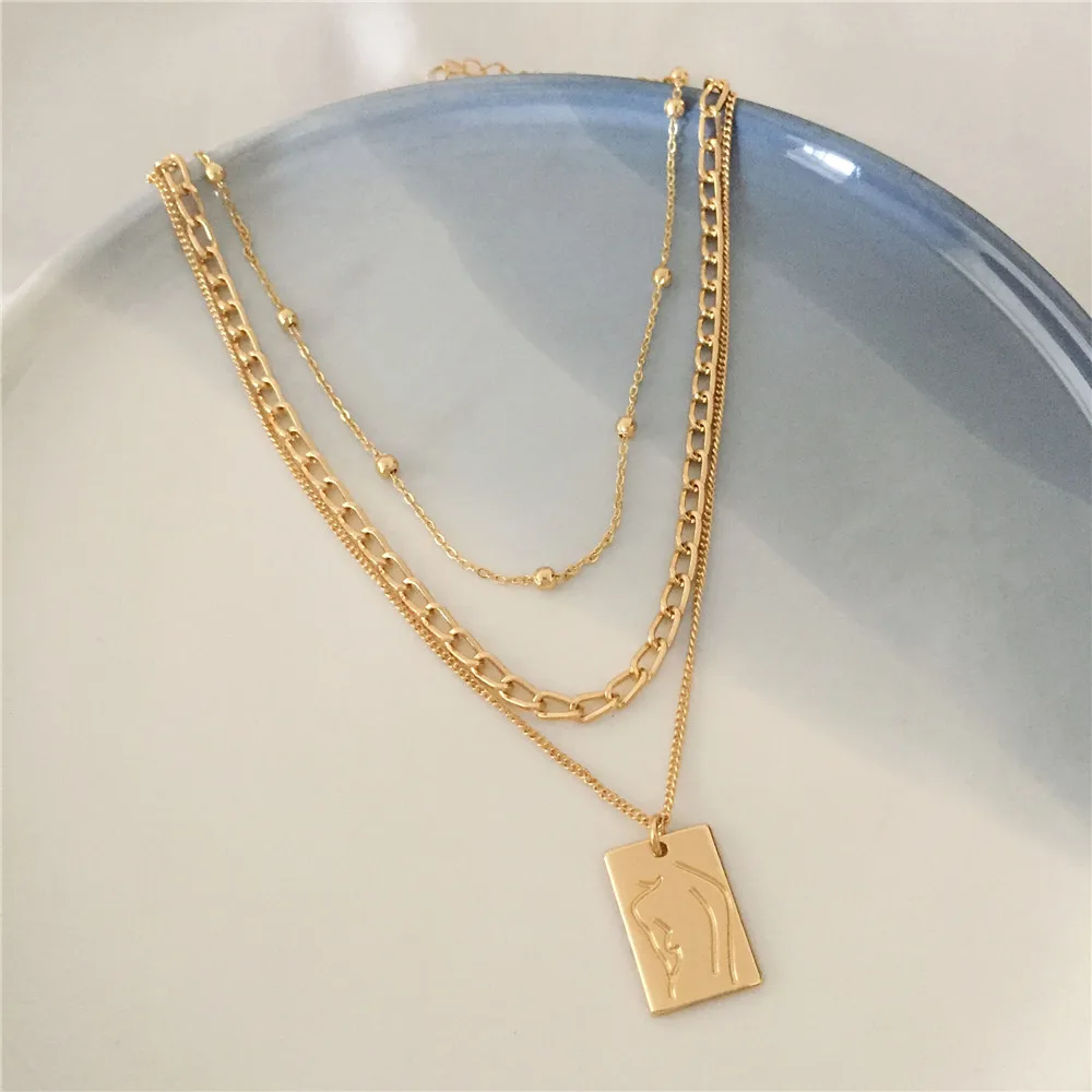 Girly Gold Color Plating Body Line Engraved Square Pendant Layered Necklace For Women Chic Boho Vintage Elegant Pretty Jewelry