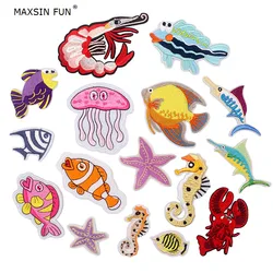 MAXSIN FUN 10 PC/Lot Embroidery Cartoon Sea Creature Stickers Crab Shrimp Starfish Fabric Patch Iron On Clothes DIY Decorative