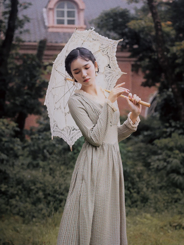 Women Autumn 2020 French Vintage Elegant SLim Lace V-Neck SLeeve Thick Long Dress clothes elbise robe longue femme vestidos