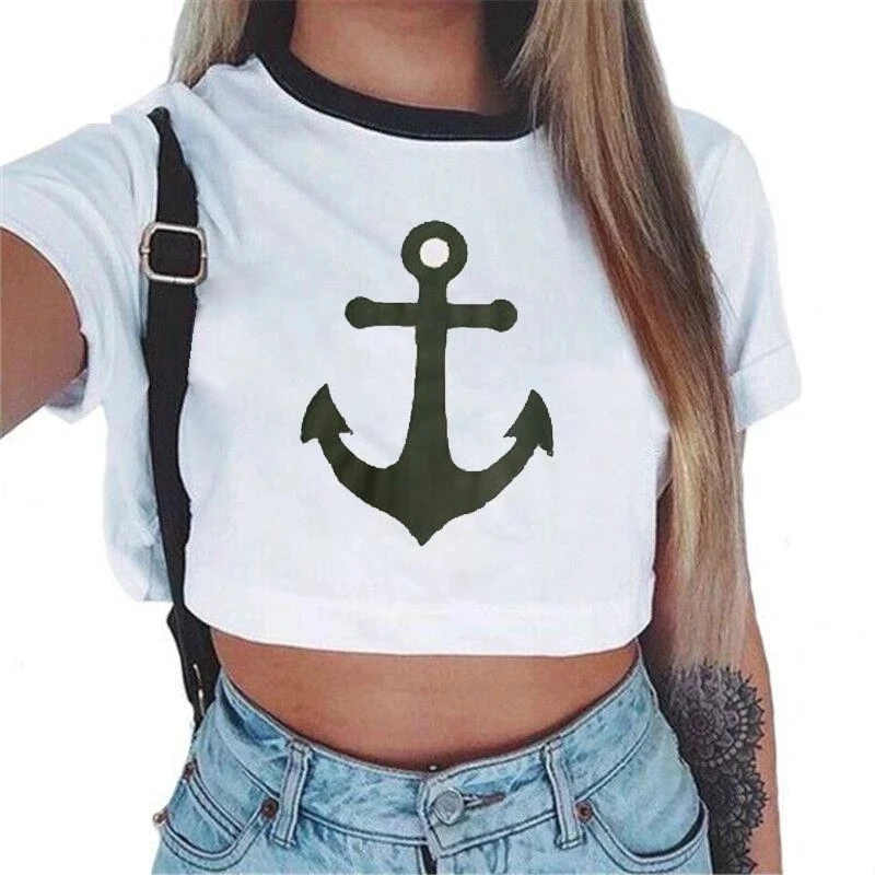 T-shirt estiva da donna nuova stile carino stampato Sexy Navel T-shirt a maniche corte moda Casual Cartoon T Shirt Crop Top T-shirt