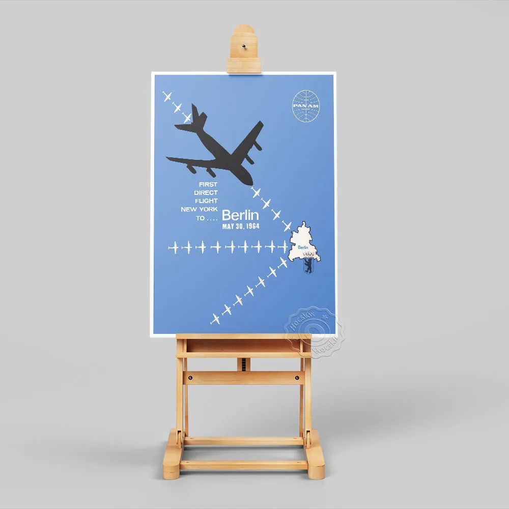 Panam To Berlin 1964 Airline Company Poster, Blue Background Airplane Art Canvas Painting, Nordic Vintage Style Home Wall Decor