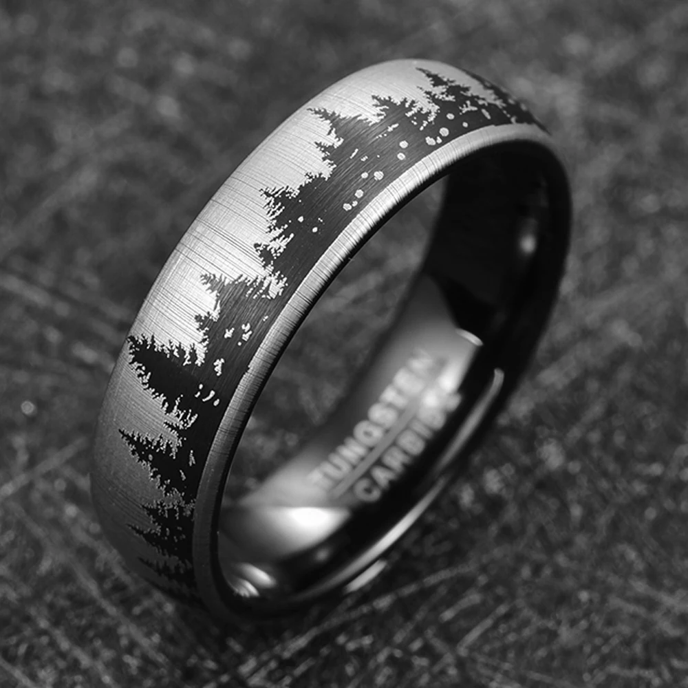 JQueen 6mm Black Laser Forest Fir Tree Christmas Tree Pattern Tungsten Carbide Ring Men's Fashion Wedding Jewelry Best Gift