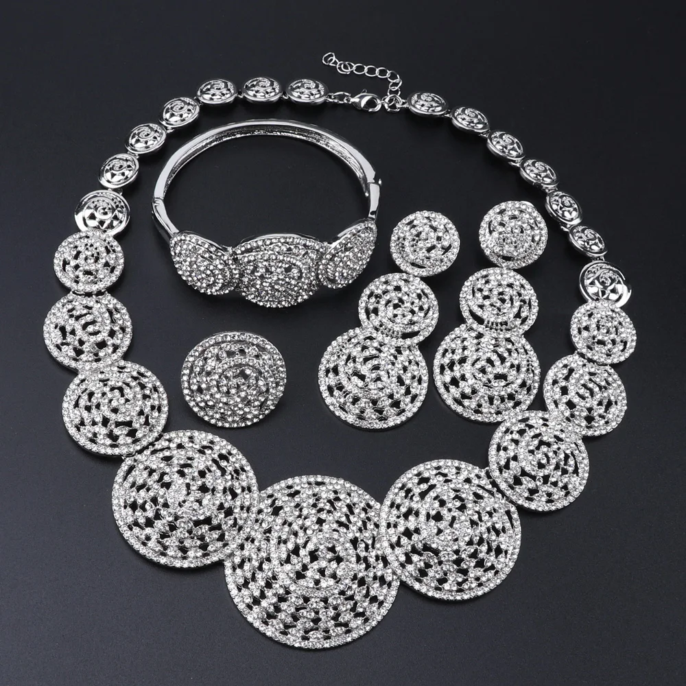 High Quality Dubai Silver Plated Jewelry Set For Women African Beads Jewlery Fashion Necklace Earring Bracelet Ring Jewelry Set