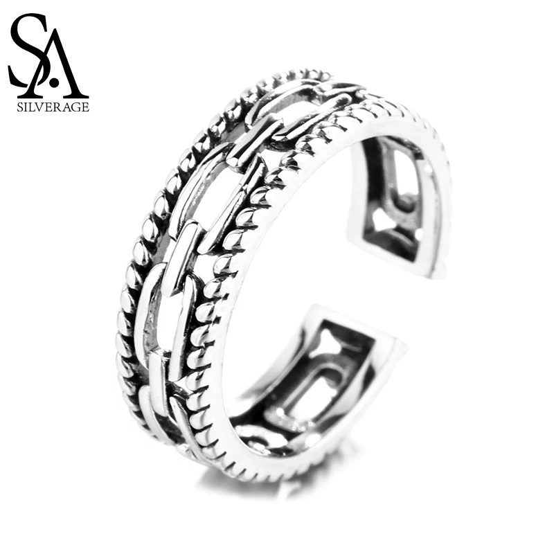 

SA SILVERAGE Creative S925 Sterling Silver Old Hemp Chain Ring Retro Hollow Silver Ring Women's The Opening Is Adjustable 2021