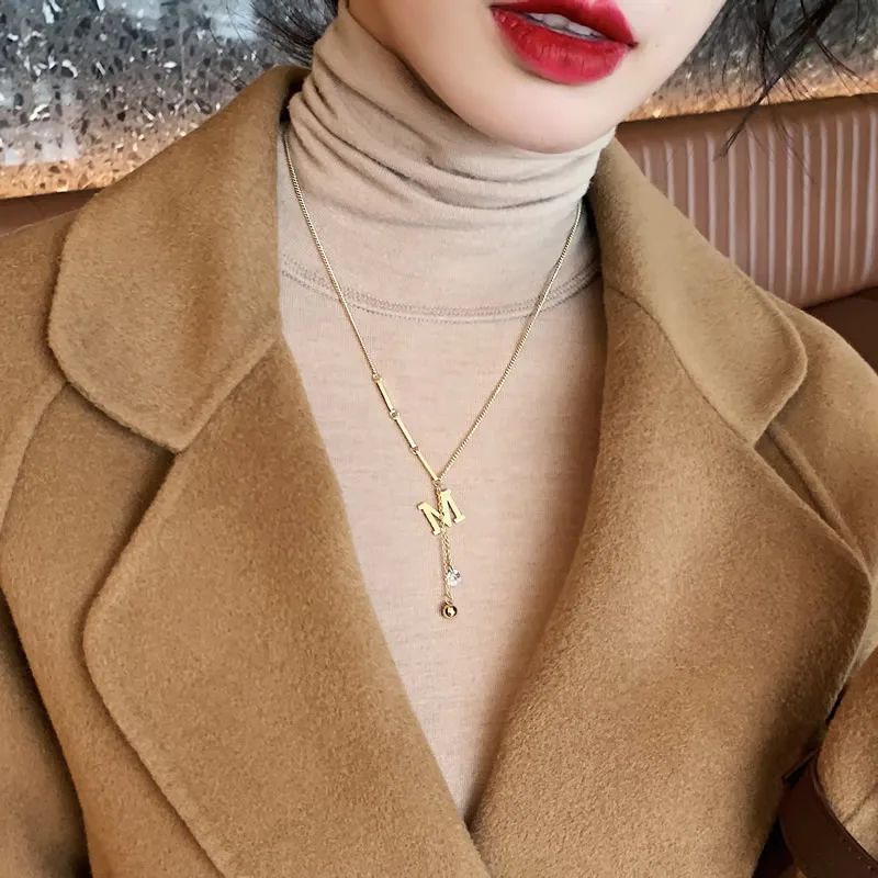 2020 new design sense M letter tassel titanium steel color fast necklace fashion luxury women's neck chain party sweater chain