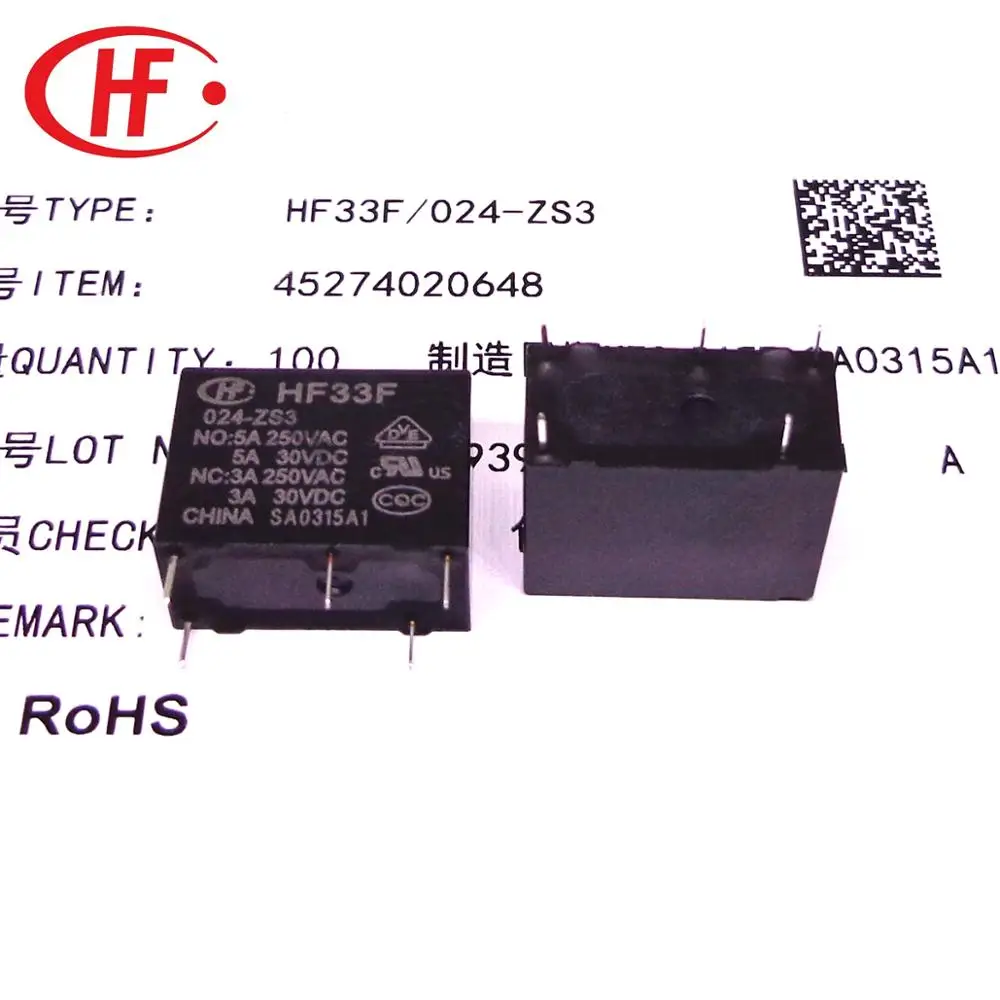 Imagem -05 - Relé Hf33f 005 012 024-zs3 5v 12v 24v 5pin 100 Unidades Caixa Original Novo