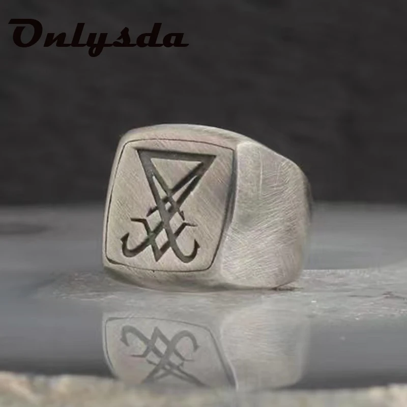 Onlysda Gothic Lucifer Seal of Satan Signet Rings Punk Stainless Steel Seal Rings Men and Women Pagan Jewelry Party Gift OSR918