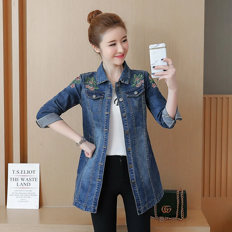 S-5XL Denim Jaqueta Feminina Slim Jean Jacket Femme Style Coréen Mi Longueur Sauvage Long Sletransved Women's Jacket Casprogressive Femin37