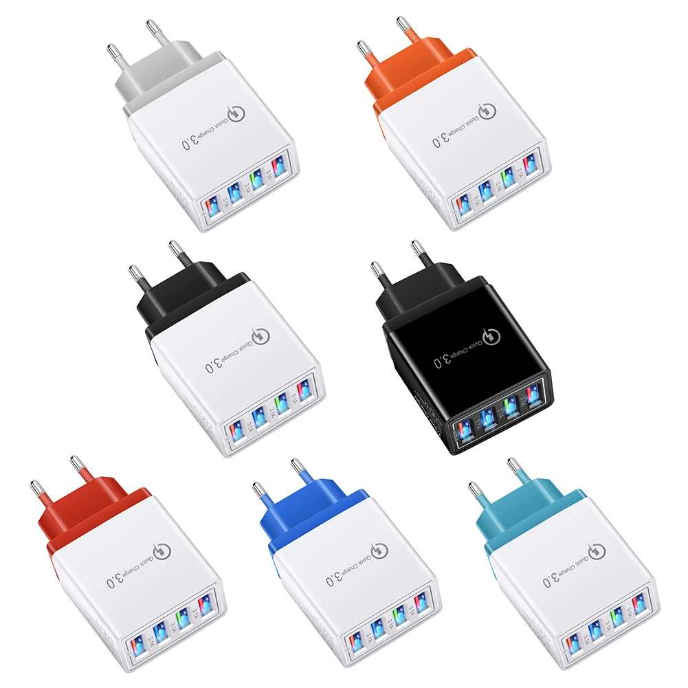 QC 3.0 Bộ Sạc 5V 3A Sạc USB Sạc Nhanh Sạc 4 Cổng Đèn LED Sạc Điện Thoại Adapter EU cắm Phụ Kiện