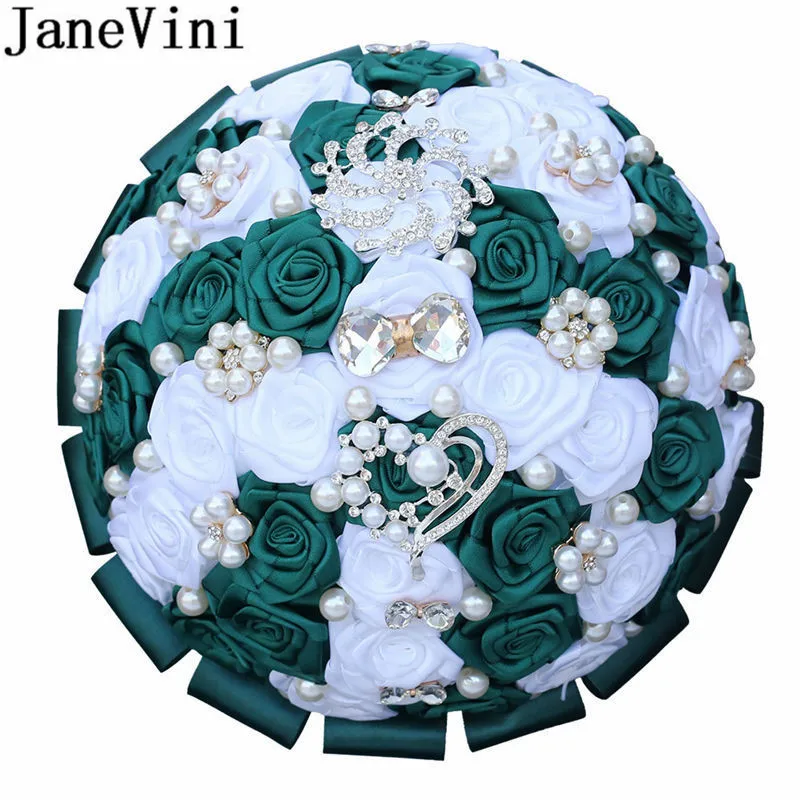 JaneVini Vintage Perla Verde Scuro Fiori di Nozze Bouquet Da Sposa 2020 Bianco Rosa del Raso Del Nastro di Cristallo Bouquet Da Sposa per Le Spose