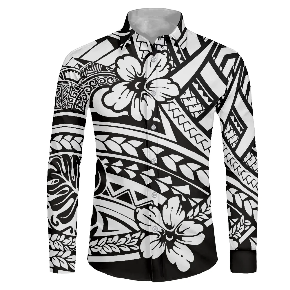 HYCOOL Tribal Shark Tattoos Print Black Men Dress Shirt Polynesian Wedding Long Sleeve Shirt For Men Custom Vintage Men Clothing