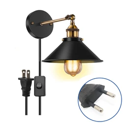 Lâmpada de parede Vintage Loft com plugue, cabo preto, luz industrial para sala de estar e quarto de casa, luminárias E27, 1,8 m