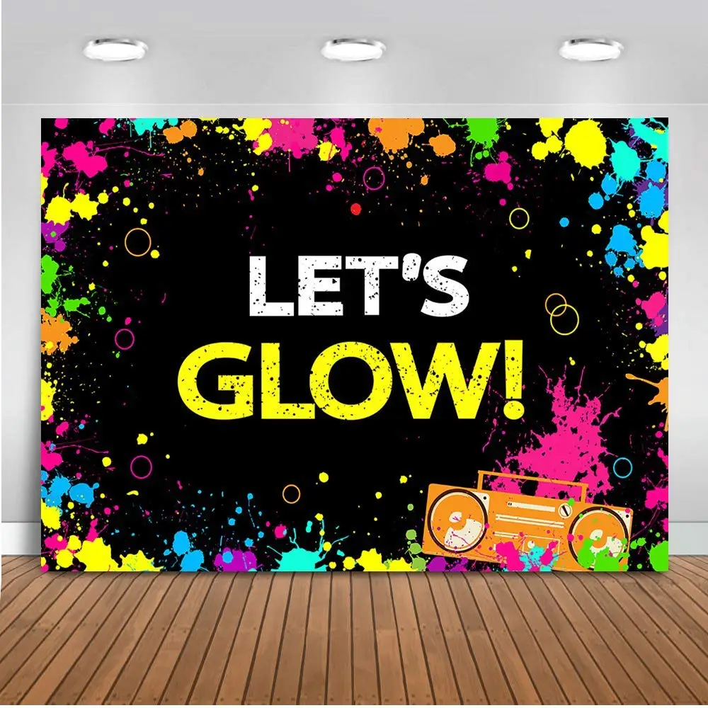Mocluckaglow – toile de fond de fête néon, arrière-plan de photographie let's Glow Splatter, bannière en vinyle scintillant 7x5 pieds, 105