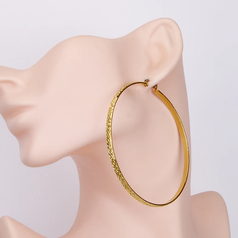 Stainless Steel Round Big  Hoop Earring for Women Gold Color High Quality Wave Patter Nice  Elegant Gifts New Jewelry 2022