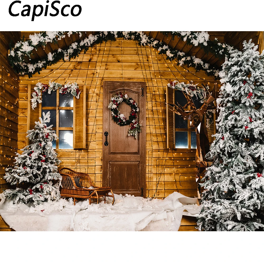 

Capisco Winter Christmas Photography Backdrop Retro Wooden House Tree Snow Children Portrait Decoration Background Photo Studio