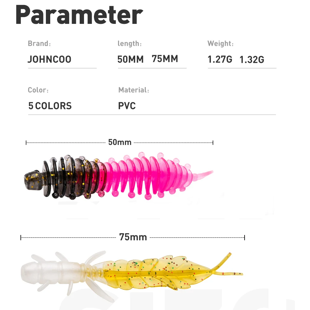 JOHNCOO 12pcs Fishing Lure Soft Bait 50mm 75mm Silicone Baits for Perch Wobblers Swimbait Soft Lure Artificial Bass Trout Lure
