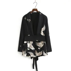 Fashion 2022 New Spring Women Blazer Femme Casual Crane Printing Belt Kimono Suit Jacket TOP Selling y078