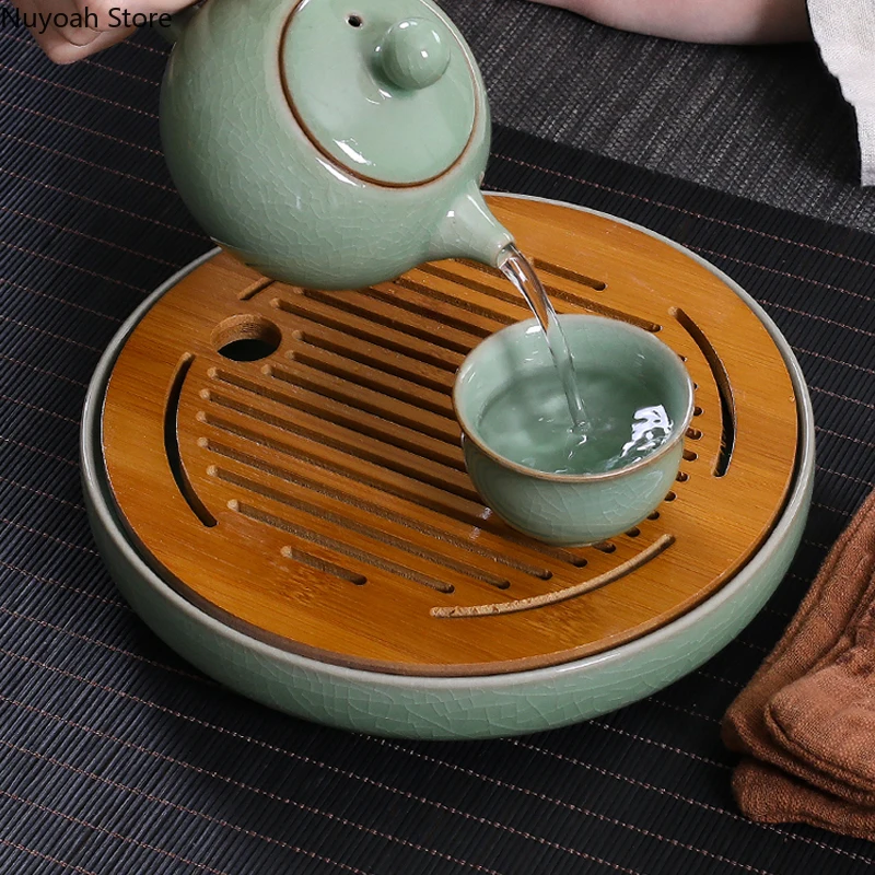 Ceramic Round Tea Tray Household Living Room Bamboo Noodle Saving Water Dry Brewing Table Kung Fu Tea Set Celadon Tea Table Tray