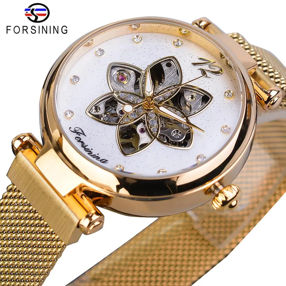 Forsining 2025 Womens Watch Top Brand Luxury Creative Diamond Female Watch Automatic Mechanical Waterproof Luminous Mesh Clock