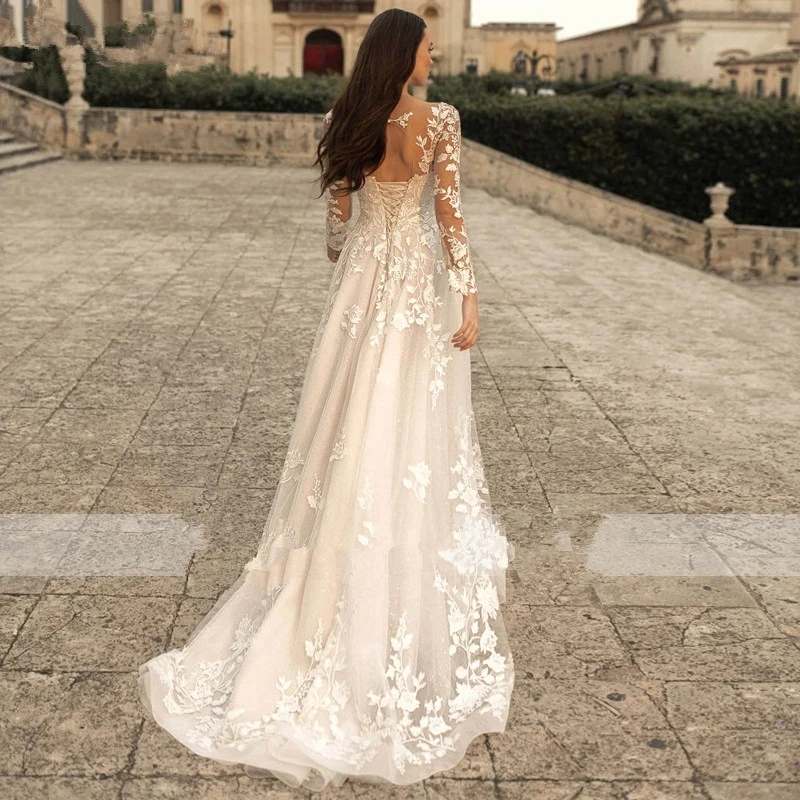 Vestido de casamento com Glitter de renda, X05, manga comprida, gola redonda, vintage, vestido de noiva de linha, renda, costas abertas, marfim elegante