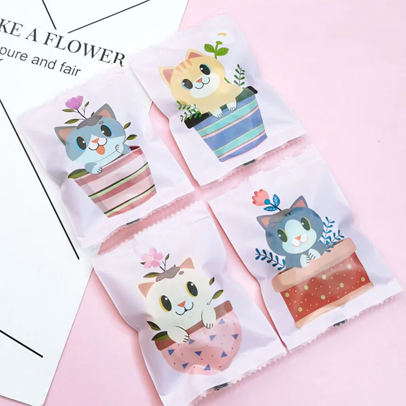 100pcs Baby Shower Birthday Party Baked Goods Snacks Colored Plastic Bags Cute Cat Baby Flower Pot Flower 4In1 Frosted Pack Bag