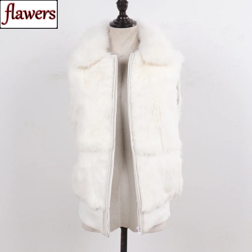 New Lady Warm Rabbit Fur Sleeveless Coat With Fox Fur Collar Natural Rabbit Fur Vest Winter Women 100% Genuine Rabbit Fur Gilet