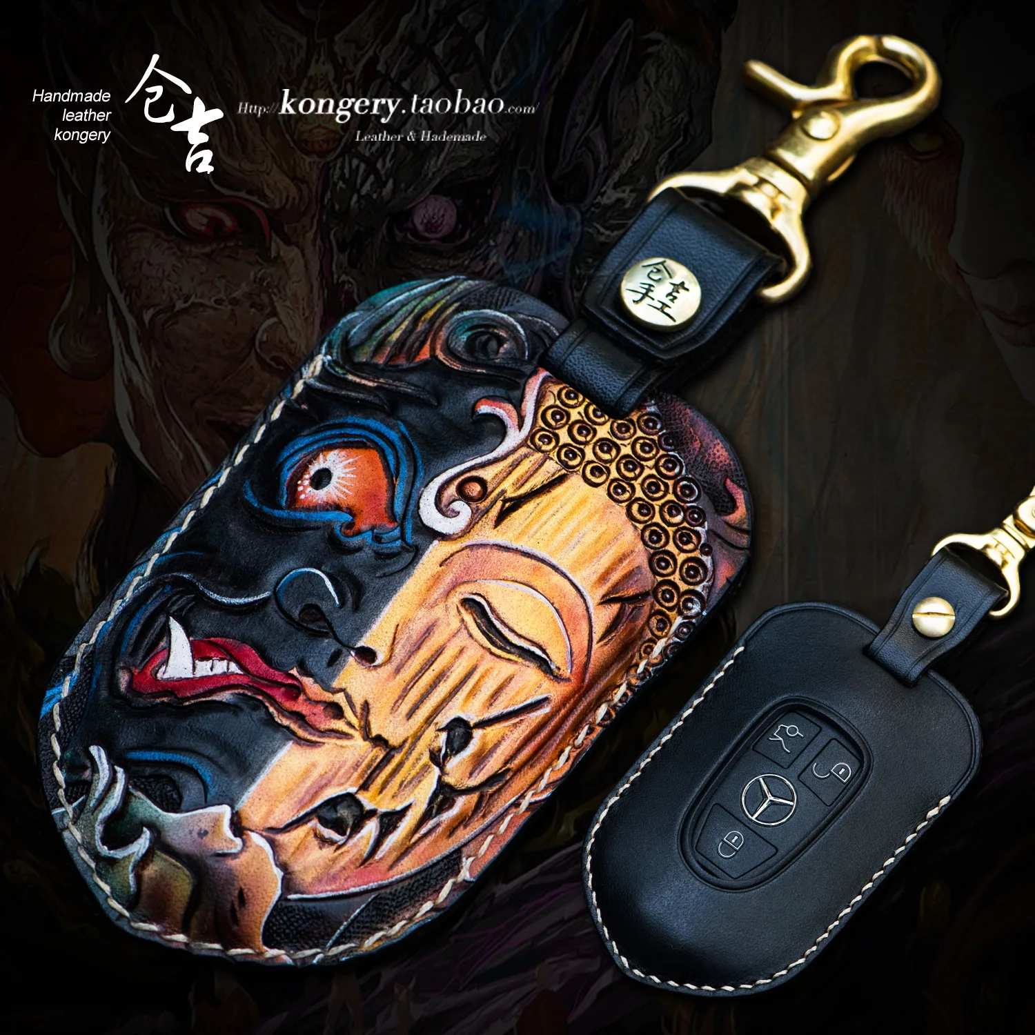 ★car keys by hand bag men's and women's leather carved Buddha magic key bag gm key sets of crust leather key package