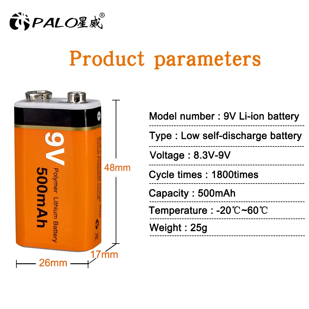PALO 9V Battery 6F22 9 Volt Rechargeable Li-ion Battery 500mAh 9V Lithium Batteries For  Multimeter Smoke Alarm Metal Detector