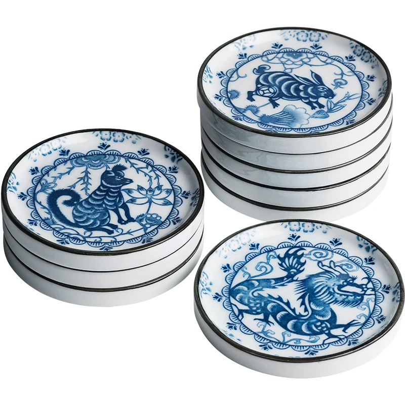 

Full set(12-piece) Teacup mat The 12 Chinese Zodiacs blue and white porcelain kungfu tea set chinese style