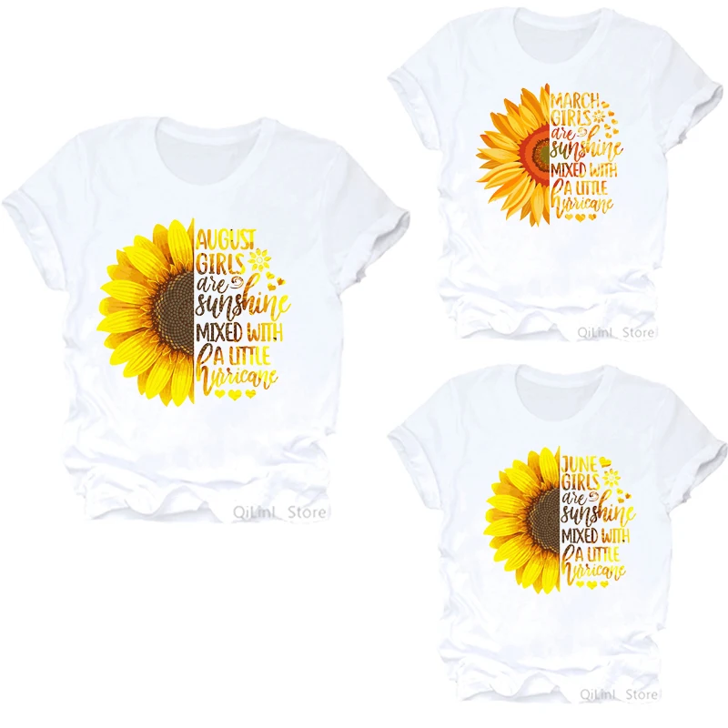 

January-December Girl Sunflower Print Tee Shirt Femme 90s 00s Birthday Gift Summer Clothes Women White T-Shirt Top Friend Tshirt