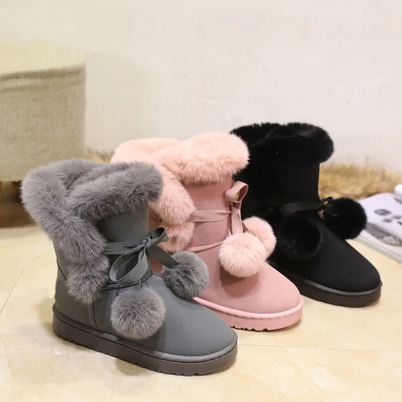 Warm Fur Women Snow Boots Suede Winter Shoes Fur Ball Mid-Calf Boots Female Fashion Boots Non-Slip Snow Casual botas de mujer