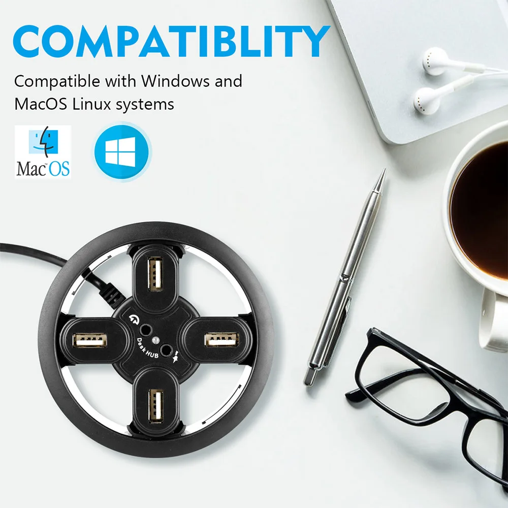 Office Computer Desk Round Hole USB2.0 Splitter USB Hubs Converter Laptop/PC/Mac Expansion Interface 4 Port 1.5 Plug Play