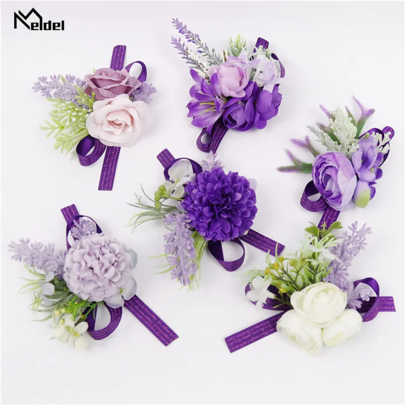 Meldel Boutonniere-ramillete de muñeca para novia, pulsera de boda para novio, flor Artificial, blanco y morado